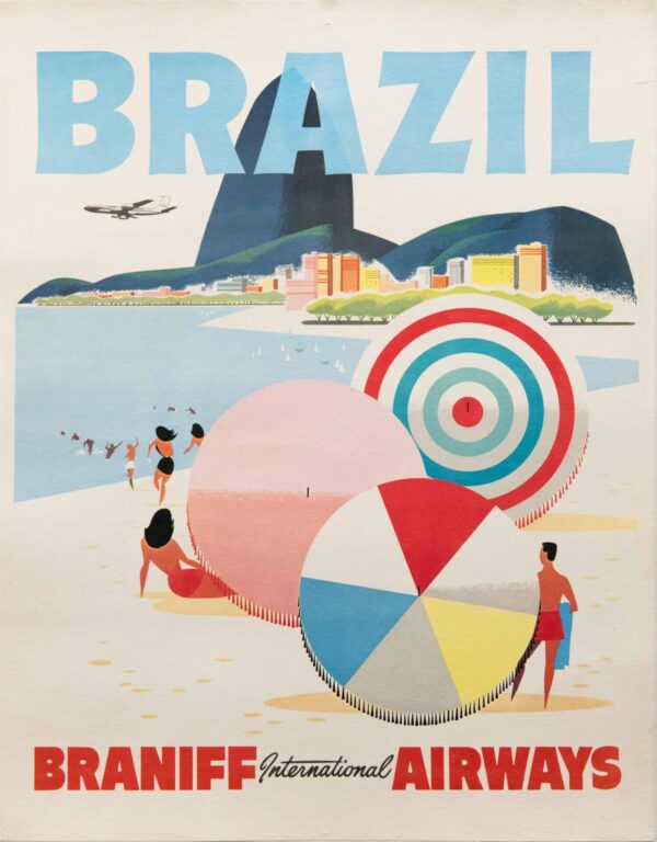 Original Vintage Braniff International Airways Brazil Travel Poster, 1960’s