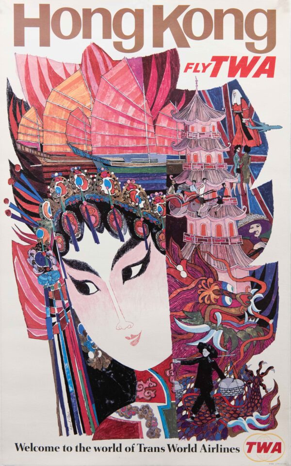 Original Vintage TWA Hong Kong Travel Poster by David Klein, 1960’s