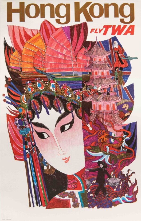 Original Vintage TWA Hong Kong Travel Poster by David Klein, 1960’s