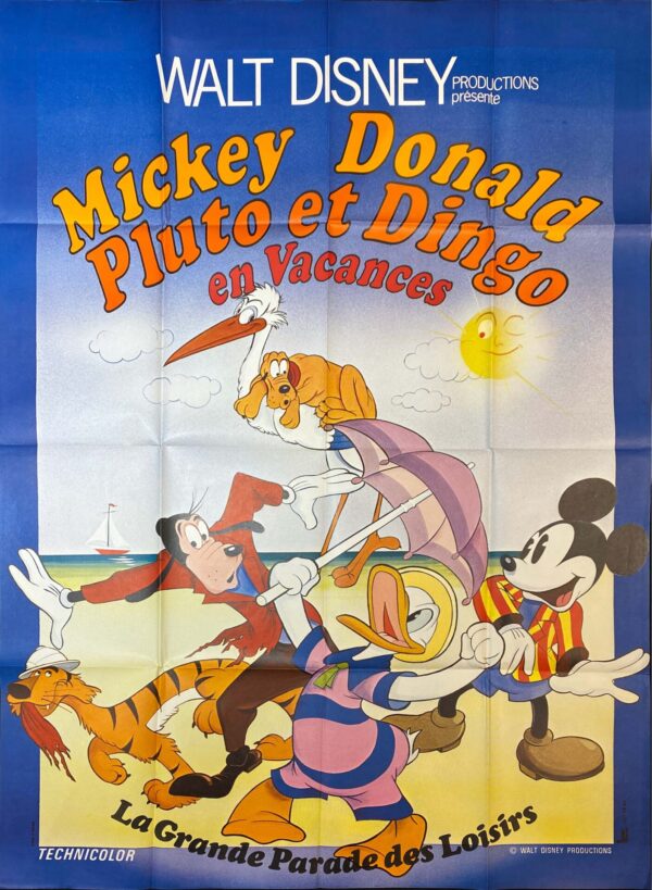 Original Vintage French Disney Movie Poster, Mickey, Donald, Pluto, et Dingo en Vacances (Mickey, Donald, Pluto, and Goofy Take a Vacation), 1970’s