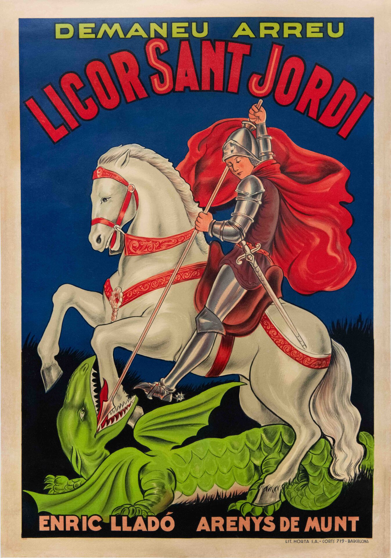 Original Vintage Spanish Liquor Advertising Poster 'Licor Sant Jordi', 1920s
