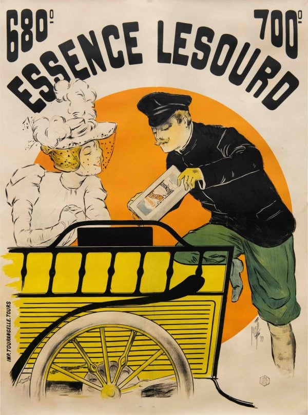 Original Vintage French Motor Oil Advertising Poster for ‘Essence Lesourd’ by Misti, 1899