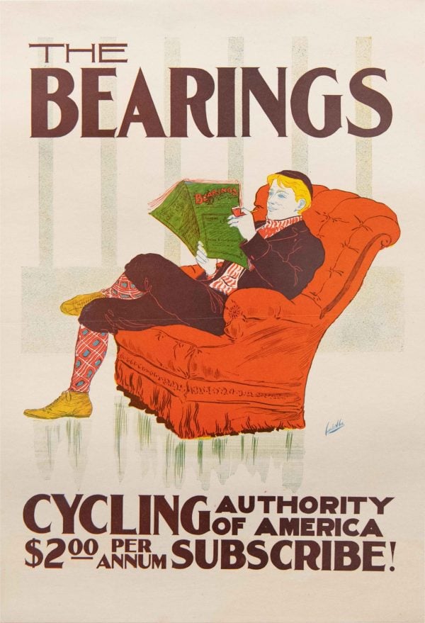 Original Vintage American Cycling Magazine Advertising Poster for ‘The Bearings’ by Charles Cox, 1924