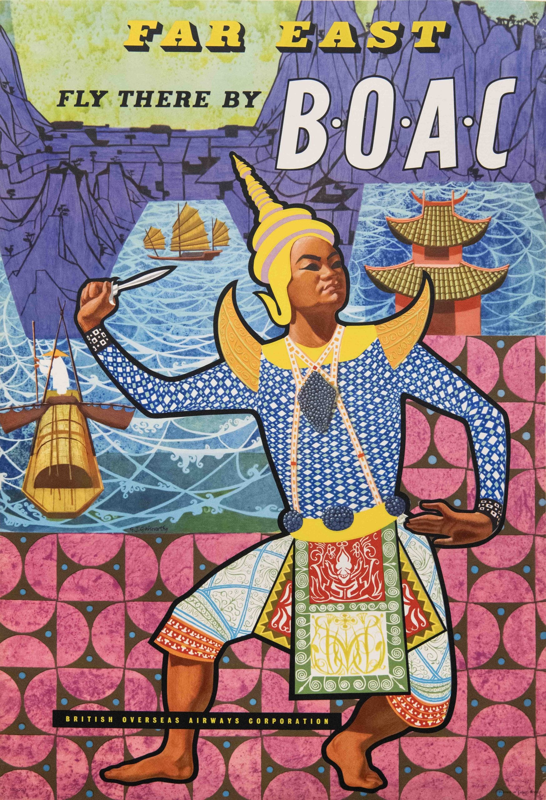 Original Vintage BOAC Far East Travel Poster by G. Galsworthy, 1950