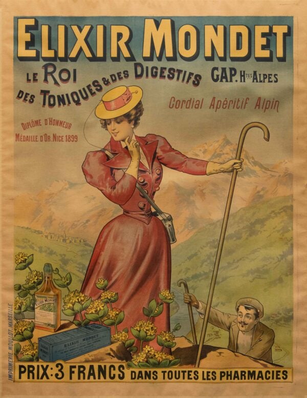 Original Vintage French Aperitif Advertising Poster for ‘Elixir Mondet’, 1890’s