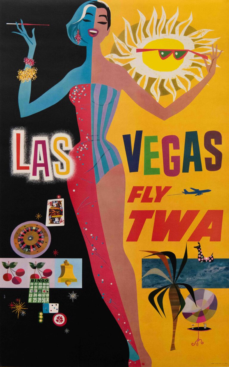 Original Vintage Las Vegas TWA Travel Poster by David Klein, 1950’s