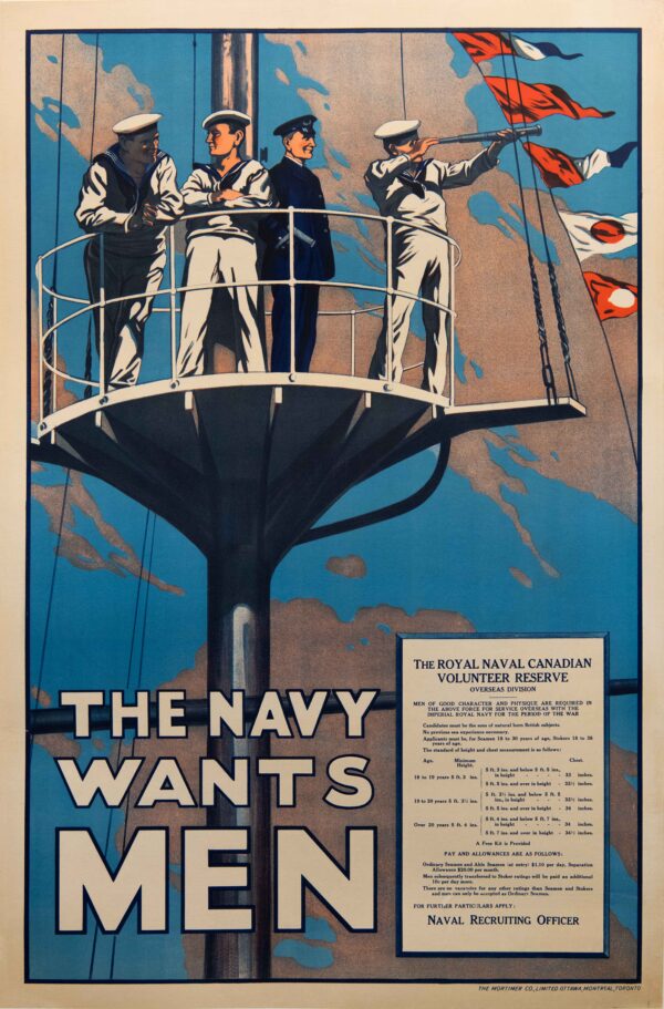 Original Vintage Royal Naval Canadian Volunteer Reserve Recruitment Poster, 1917