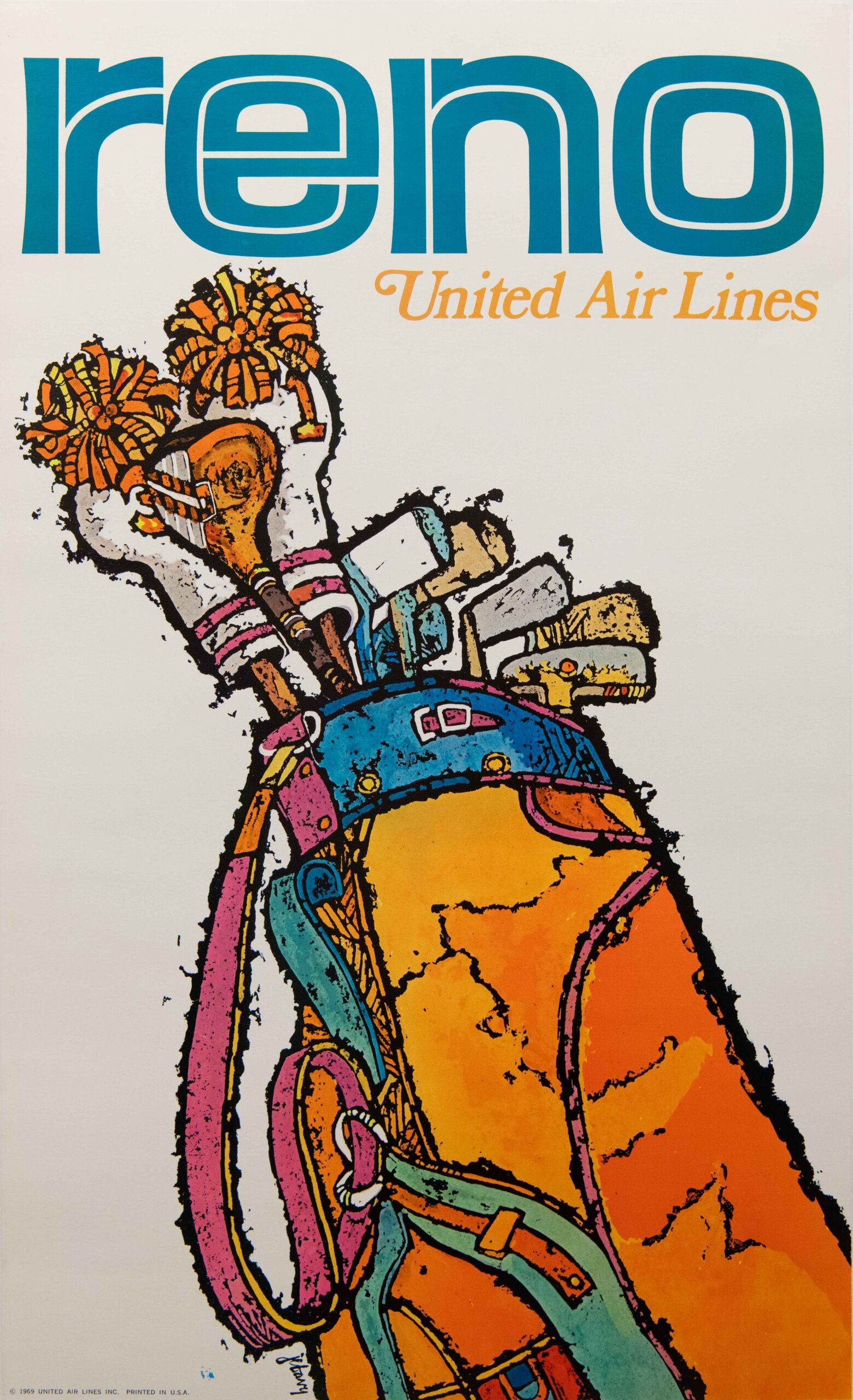 Original Vintage United Airlines Reno Travel Poster by James Jebary, 1969