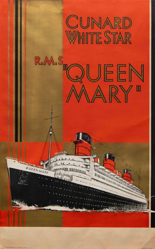 Original Vintage Cunard White Star Queen Mary R.M.S. Advertising Poster by Jarvis, 1936