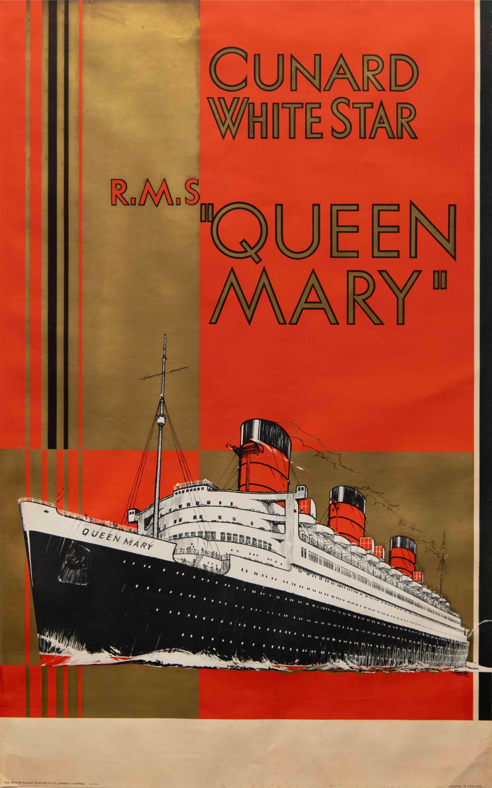 Original Vintage Cunard White Star Queen Mary R.M.S. Advertising Poster by Jarvis, 1936