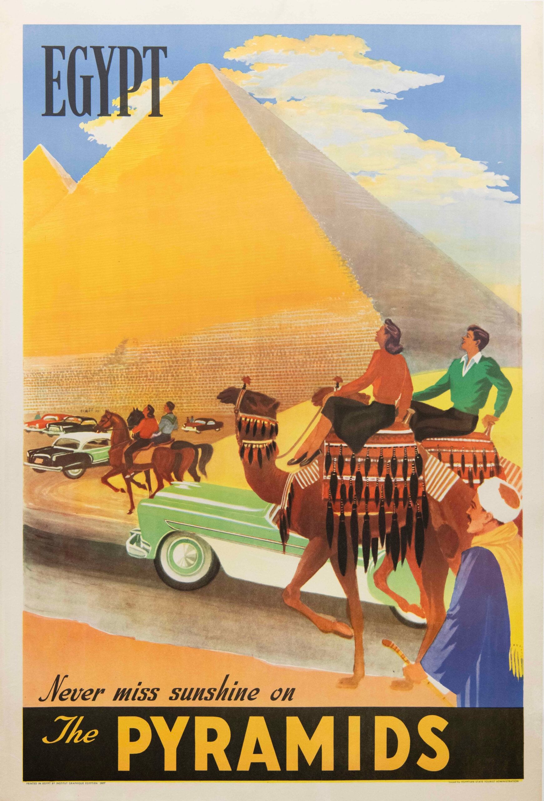 Original Vintage Egypt Travel Poster ‘Never Miss Sunshine on The Pyramids’, 1957