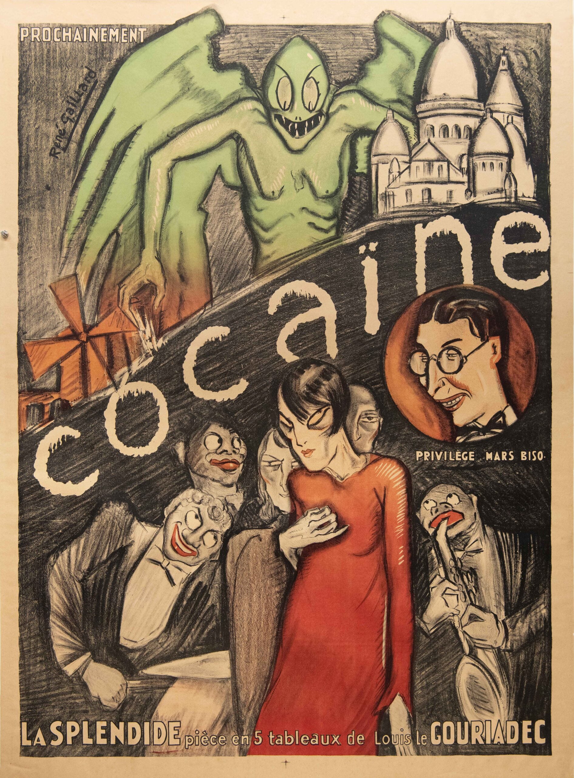 Original Vintage French Theater Poster for ‘Cocaine’ by Rene Gaillard, 1926