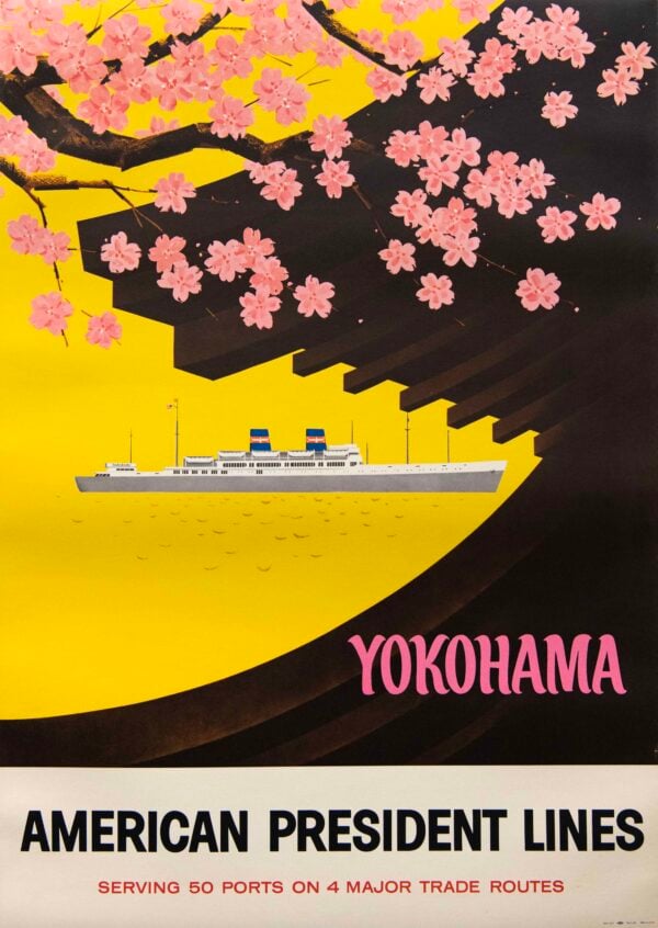 Original Vintage American President Lines Yokohama Travel Poster, 1958