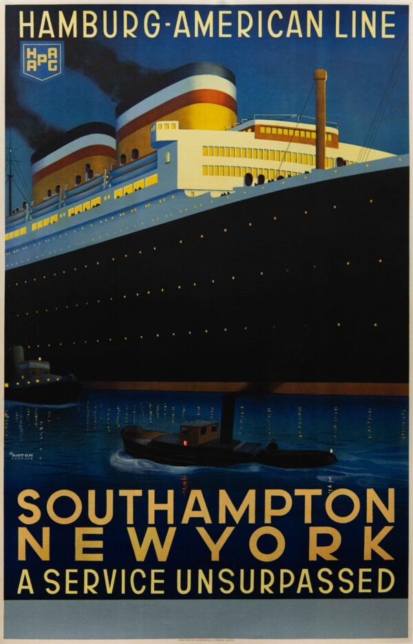 Original Vintage German Hamburg – American Line Poster by Ottomar Carl Joseph Anton, 1930